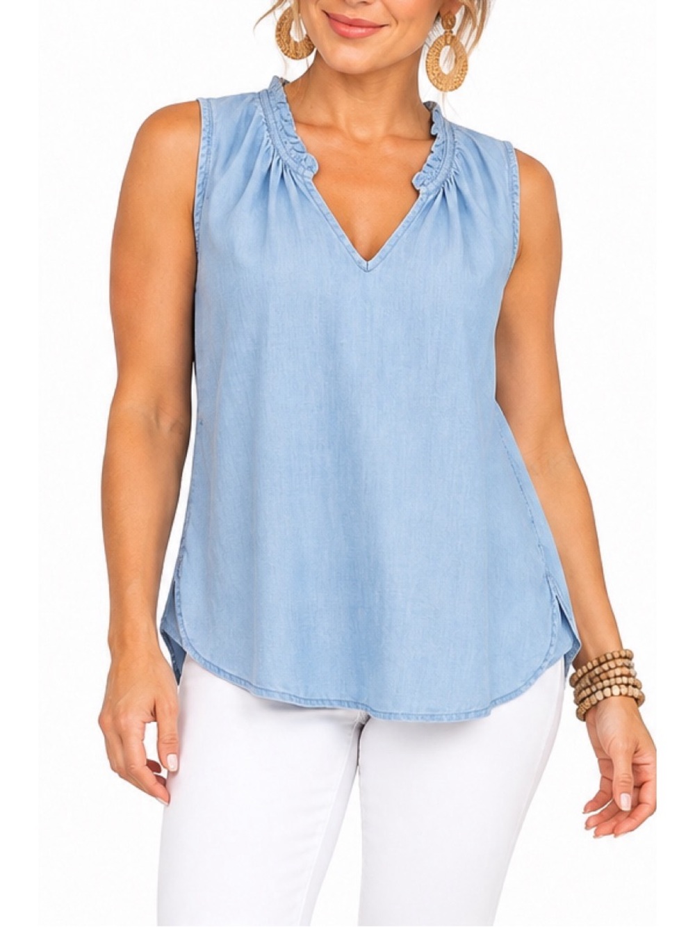 Time and Tru Light Blue Chambray Ruffle Neck Tank Top